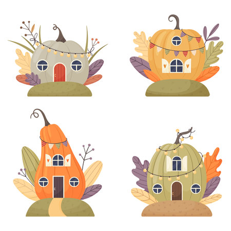 Cartoon fantasy pumpkin houses for fairies, elves, gnomes.のイラスト素材