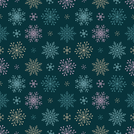 Snowflakes seamless pattern of a variety of snowflakes on a dark background.のイラスト素材