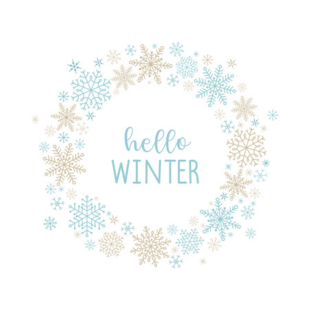 Hello winter. Festive template with a round circle of snowflakes and an inscription.のイラスト素材