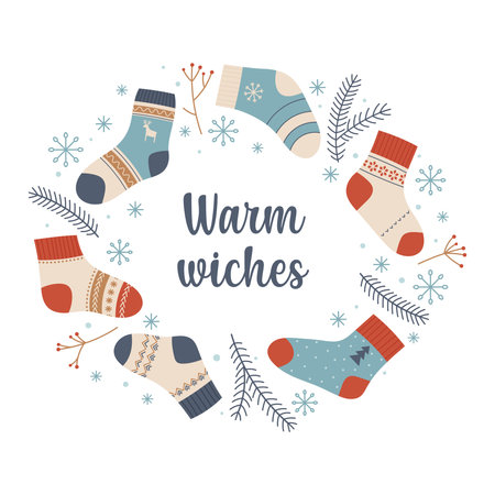 Warm wishes. Cute template with warm socks, winter plants and an inscription. Flat style white background.のイラスト素材