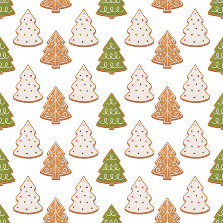 Seamless pattern with Christmas gingerbread trees. Festive background in flat cartoon style for packaging, wrapping paper, textile, fabric.のイラスト素材