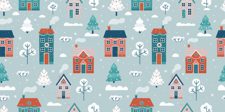 Seamless pattern with winter landscape and houses. Seamless background for Christmas and winter...
