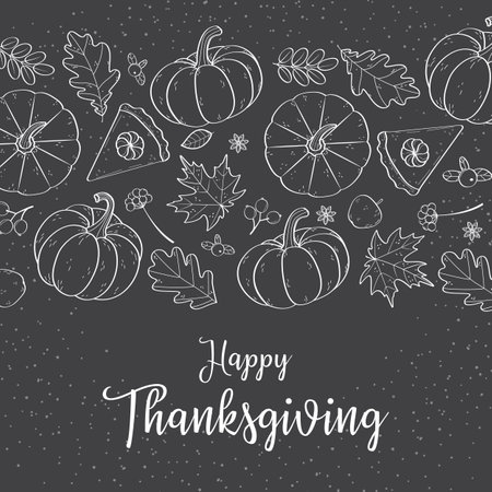Happy Thanksgiving hand drawn pumpkins pumpkin pie apples berries and leaves in black and white styleのイラスト素材