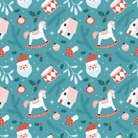 Seamless Christmas and New Year pattern with various Christmas decorations.のイラスト素材