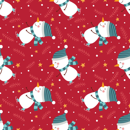 Seamless winter pattern with funny snowmen on a red background.のイラスト素材