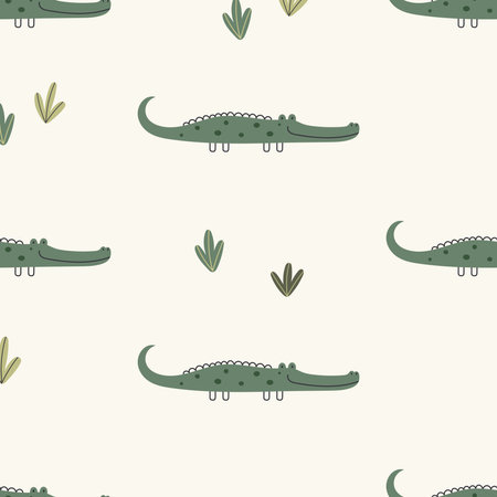 Children s vector seamless pattern with cute hand-drawn crocodiles in a simple cartoon doodle style.のイラスト素材