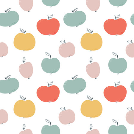 Childish vector seamless pattern with cute hand drawn colorful apples limited to a gender neutral palette.のイラスト素材