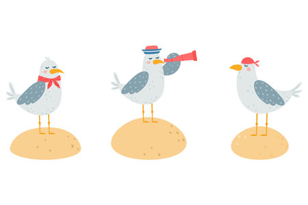Funny seagull characters vector illustration. Simple cartoon style.のイラスト素材