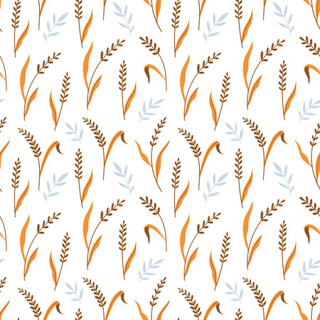 Ears and wild herbs seamless vector pattern. Simple flat style. White background.のイラスト素材