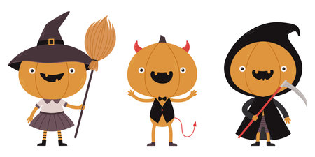 Cute pumpkin characters in a variety of Halloween costumes. Vector illustrationのイラスト素材