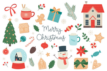 Big set of Christmas and New Year illustration. Cute illustration for design, greeting card, decoration, textile. Hand drawn.のイラスト素材