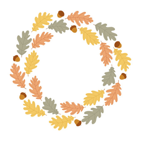 Flat vector autumn wreath made of colorful oak leaves and acorns.のイラスト素材