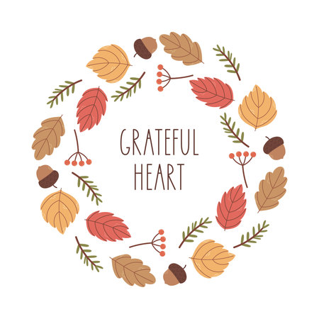 Autumn wreath made of colorful leaves and acorns with Grateful Heart quote.のイラスト素材
