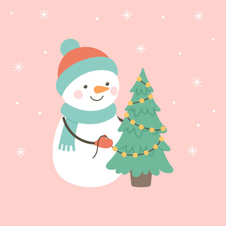 Smiling snowman hanging lights on Christmas tree.のイラスト素材