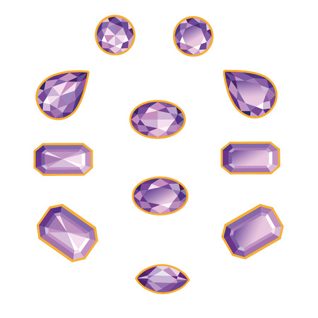Lilac and purple amethysts different cut - round, drop, pear, oval, octagon and race  Brilliant three-dimensional jewelry on a white backgroundのイラスト素材