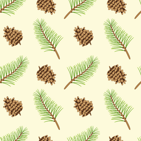 Pattern of conifer cones and pine branches on the sandy background. Seamless textureのイラスト素材