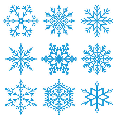 Set of nine blue snowflakes on a white background. Vector, isolated objectsのイラスト素材