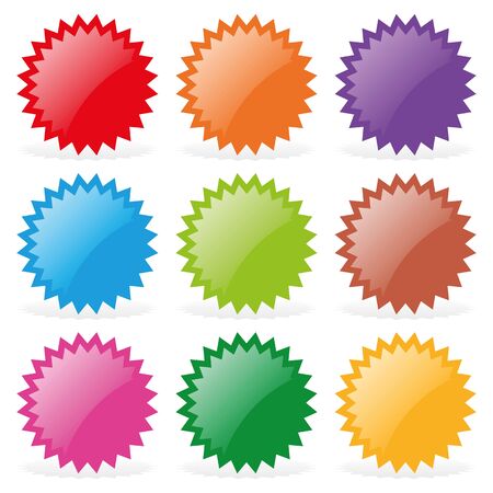 Set of nine star-shaped stickers. Isolated objects on a white background, vector illustrationのイラスト素材