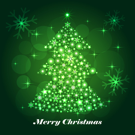 Glittering  green christmas tree with shining snowflakes.のイラスト素材