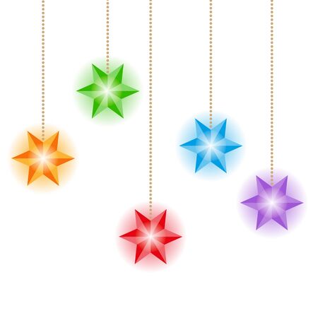 A set of Christmas lights, a garland of multicolored stars on a white background, hanging, glowing. Seamless pattern, vector illustrationのイラスト素材