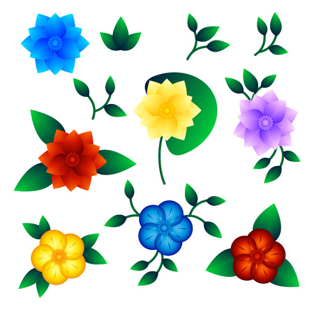 Set of multicolored exotic flowers. Isolated objects on white background, vector illustrationのイラスト素材