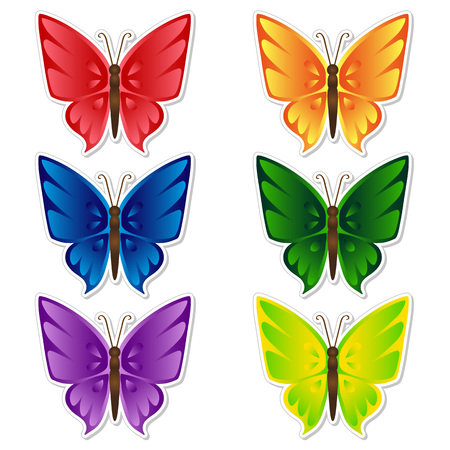Set of multi-colored butterflies stickers. Isolated objects on white background, vector illustrationのイラスト素材