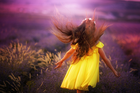 in a purple lavender field a little girl in a yellow dressの写真素材