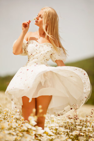 beautiful young girl in a delicate dress in a field of daisiesの写真素材