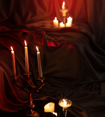 beautiful girl in a corset sits on the floor in the bedroom. admiring the dim candlelight. vintage photoの写真素材