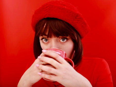 Redhead girl in red hat with cup of coffee on red backgroundの写真素材