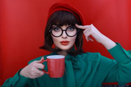 Portrait of a beautiful young brunette woman in a green coat and red hat with a cup of coffee on a red backgroundの写真素材