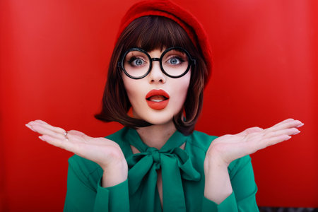 Portrait of a beautiful young woman in glasses on a red background.