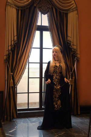 Beautiful young woman in a medieval dress in the interior of the castle