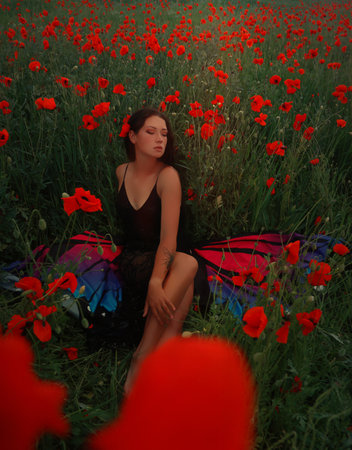 Beautiful young woman in a field of red poppies.の写真素材
