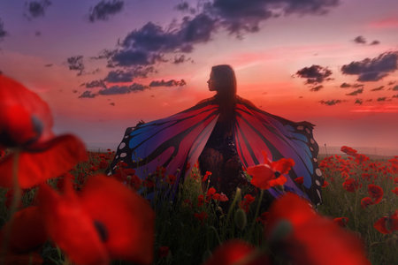 Beautiful young woman with a butterfly on a field of poppies