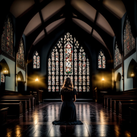 Young woman praying in front of a church. Conceptual image.の素材