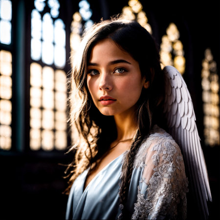Beautiful brunette girl with angel wings in the Gothic church.の素材
