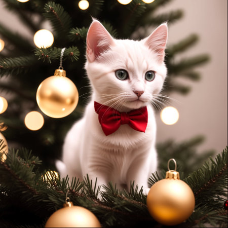 Beautiful white cat with red bow tie and Christmas tree on backgroundの素材