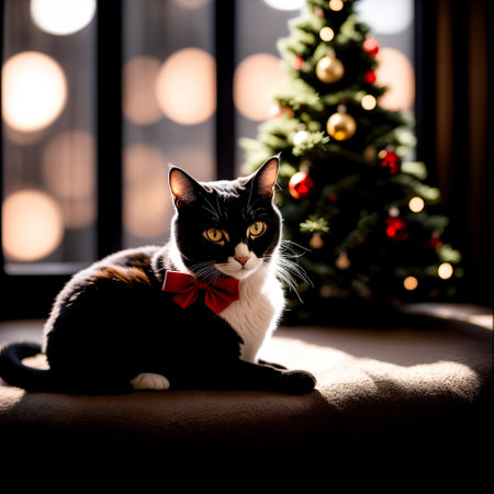 Cute cat with red bow tie sitting in front of Christmas treeの素材
