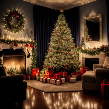 Beautiful living room with a Christmas tree, fireplace and gifts.の素材