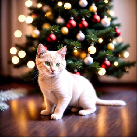 Beautiful cat with Christmas tree on background. Christmas and New Year conceptの素材