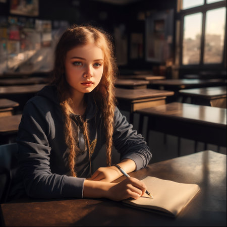 Portrait of a teenage girl sitting at a table in a cafe.の素材