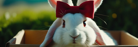 White rabbit with red bow tie in box on green grass background, closeupの素材