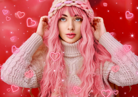 winter outfit, portrait of a stylish smiling young woman with white hair in a pink hat, knitted...