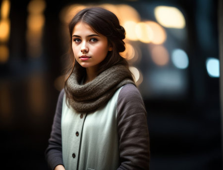 beautiful young woman in winter coat, scarf and mittens looking at cameraの素材