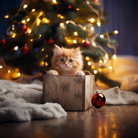 Cute ginger kitten sitting in gift box near christmas tree.の素材