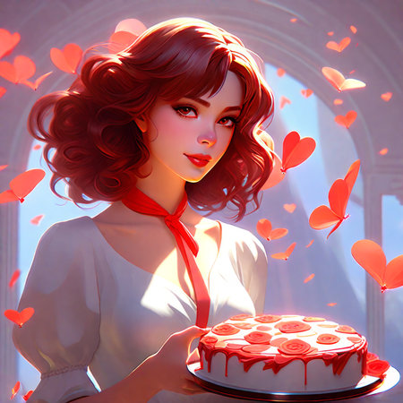 Beautiful girl with cake and red hearts. 3D rendering.の素材