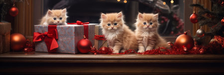 Cute ginger kittens and gift box with christmas tree on backgroundの素材