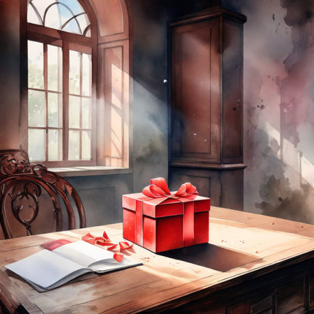 Red gift box with a red bow on a wooden table with a book and a window in the background. spring holiday, March 8, Valentine's dayの素材