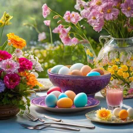 Easter table setting with colored eggs and spring flowers in the garden. Easter holidayの素材